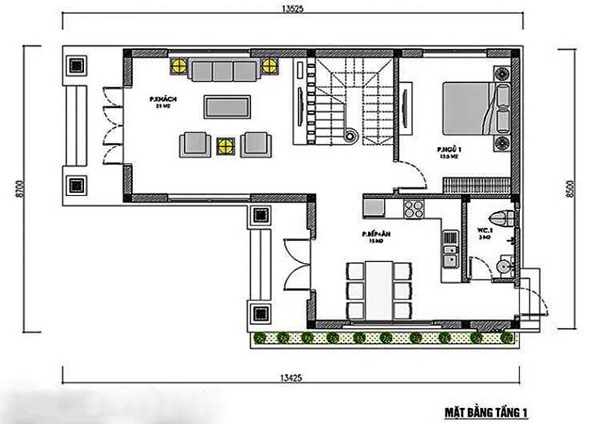 Bản vẽ tầng 1 ngôi nhà 2 tầng 4 phòng ngủ 80m2