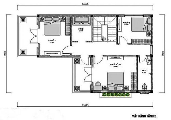 Bản vẽ tầng 2 của nhà phố 4 phòng ngủ 80m2