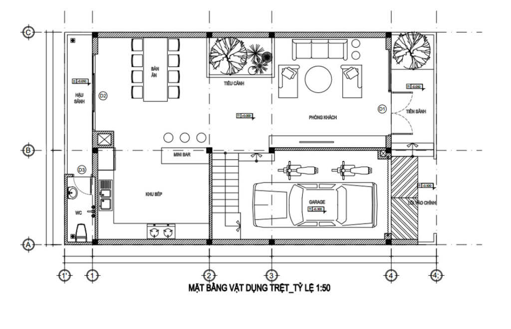 Bản vẽ tầng trệt mặt tiền nhà phố 8m 3 tầng