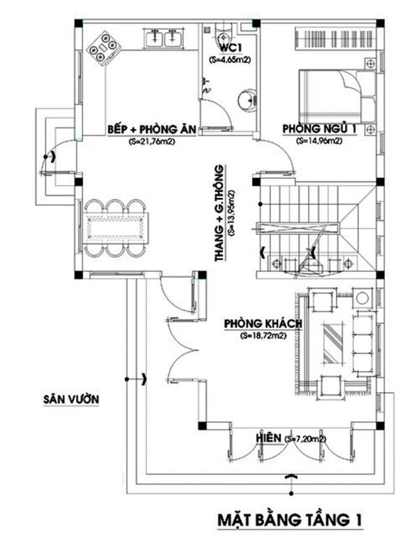 mặt bằng tầng 1 nhà chữ l