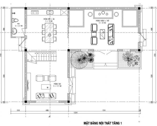 mặt bằng nội thất tầng 1 nhà chữ l