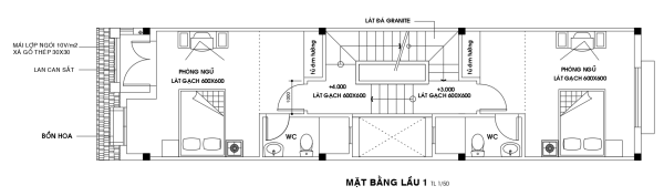 bản vẽ thiết kế tầng 2 nhà phố 3 tầng