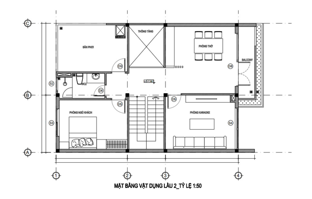 Bản vẽ lầu 2 mặt tiền nhà phố 8m 3 tầng