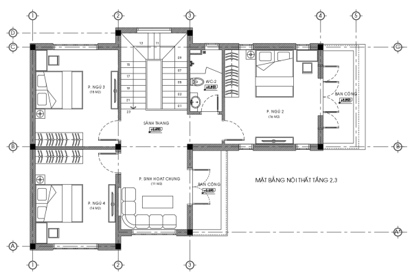 bản vẽ thiết kế mặt bằng tầng 2 nhà phố có mặt tiền 6m