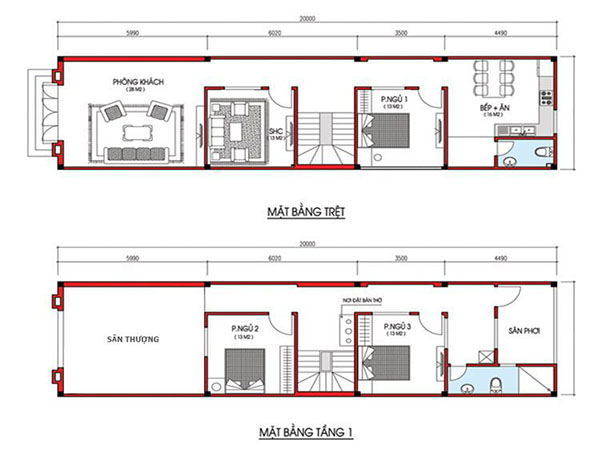Mặt bằng nhà ống 2 tầng 3 phòng ngủ