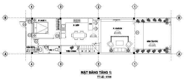 bản vẽ thiết kế mặt bằng tầng 1 nhà phố dạng ống