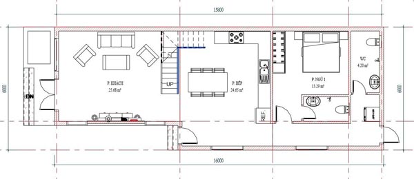 Bản vẽ tầng trệt mẫu nhà cấp 4 gác lửng 3 phòng ngủ mái lệch với sân vườn rộng rãi