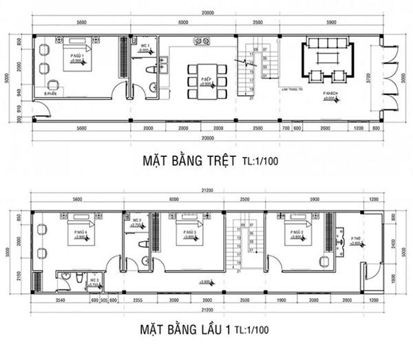 mặt bằng nhà ống 2 tầng 4 phòng ngủ