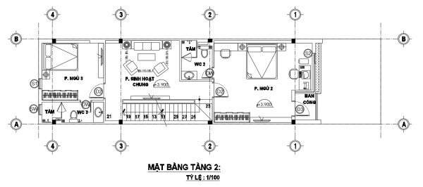 bản vẽ thiết kế mặt bằng tầng 2 nhà phố dạng ống