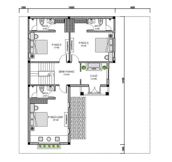 bản vẻ tầng 2 nhà chữ L 2 tầng