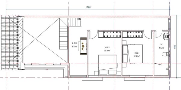 Bản vẽ phần gác lửng nhà cấp 4 mái lệch 3 phòng ngủ