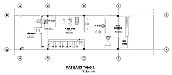 bản vẽ thiết kế mặt bằng tầng 3 nhà phố dạng ống