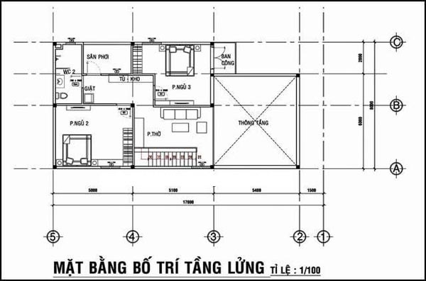 Bản vẽ mặt bằng gác lửng mẫu nhà cấp 4 có 3 phòng ngủ mái Thái