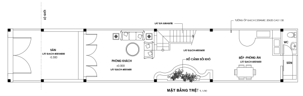 bản vẽ thiết kế tầng trệt nhà phố 3 tầng