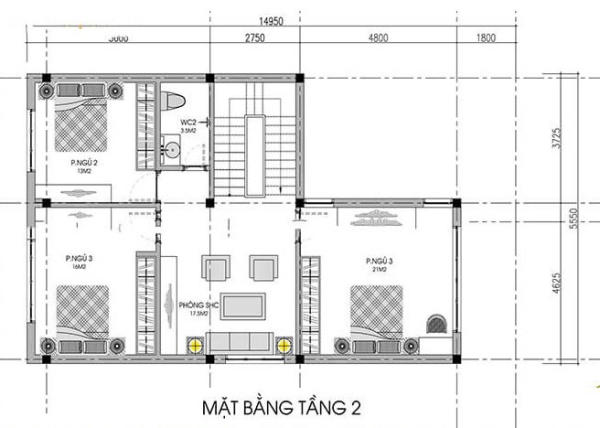 mặt bằng tầng 2 nhà chữ l