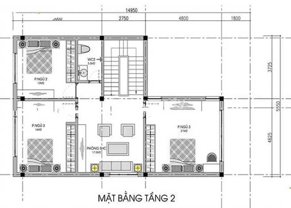 bản  kế nhà chữ L 3 phòng ngủ