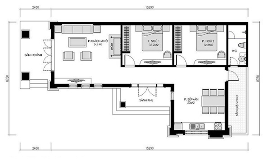 bản vẽ thiết kế nhà chữ L 1 tầng có 3 phòng ngủ