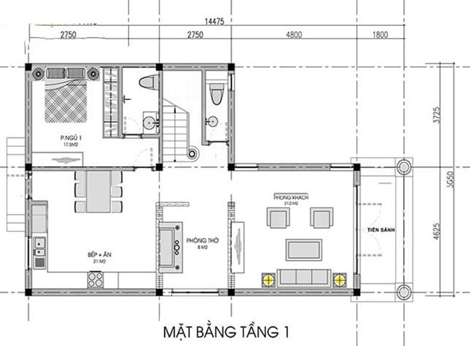 Mặt bằng tầng 1 nhà chữ L mái bằng