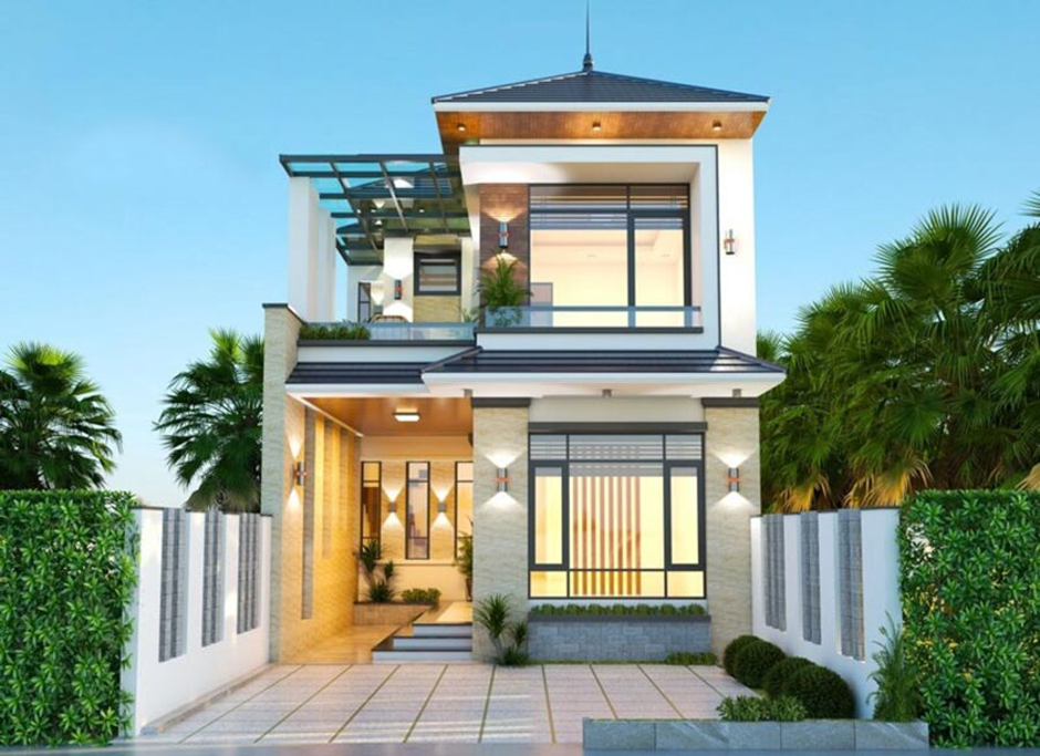 mẫu 9 nhà 2 tầng chữ L 70m2